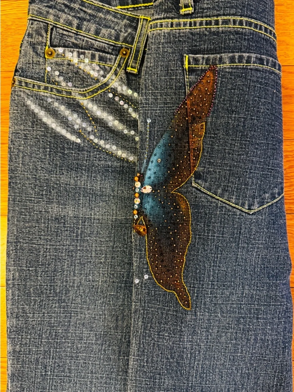 Embellished-Chic-One of a Kind Dark Blue Wide Leg Jeans with Artistic 3D Detail - Picture 4 of 10